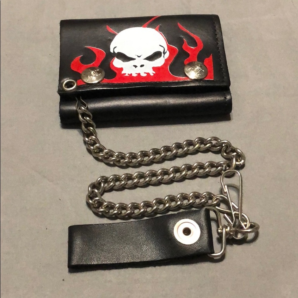 Skull w/flame print biker leather wallet.